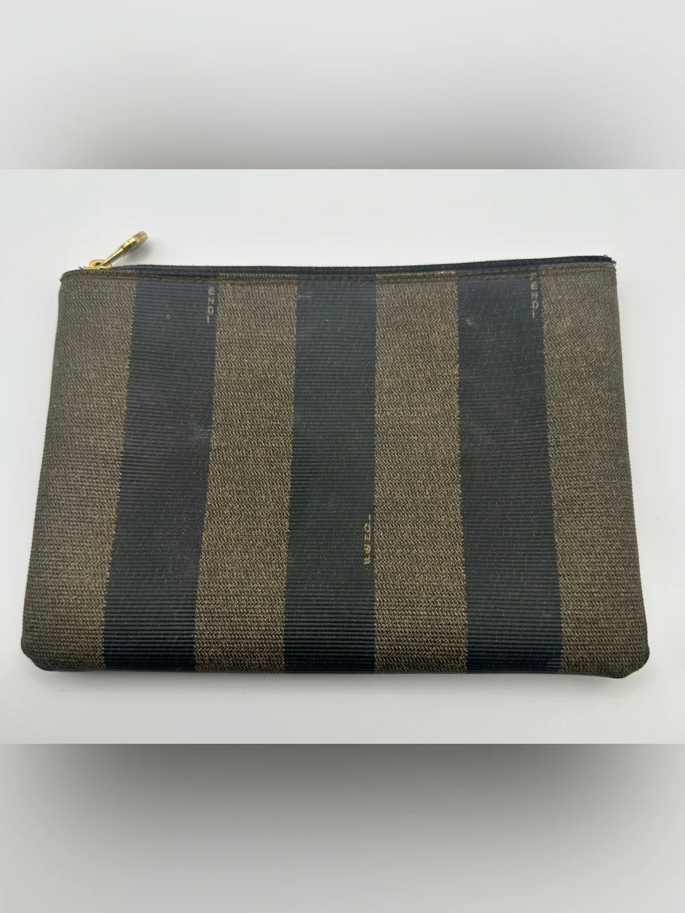 Fendi Pequin Stripe Zip Pouch Cosmetic Bag Brown Black Roma Vtg Authentic Italy
